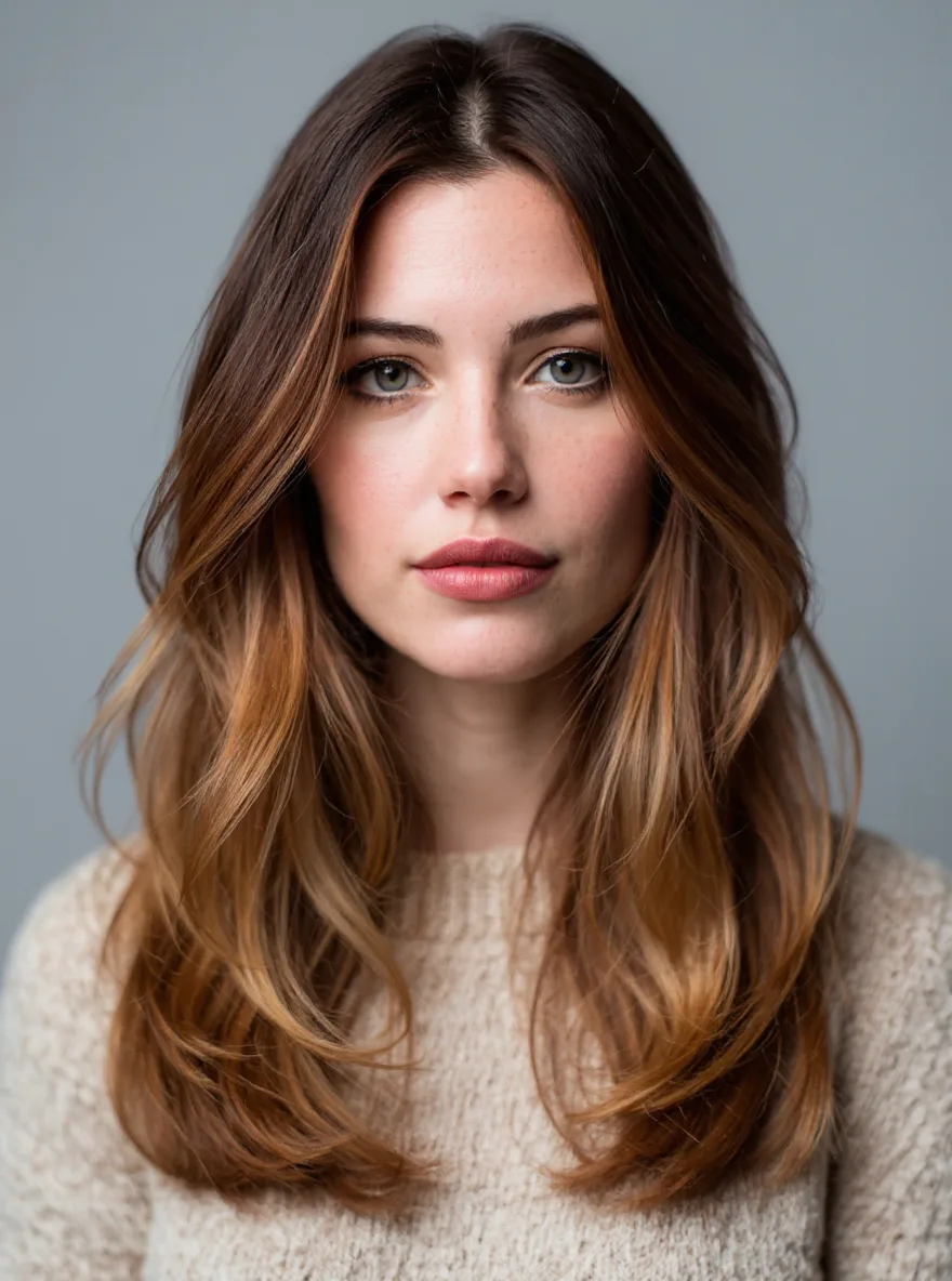 Long Layered Waves with Warm Caramel Balayage